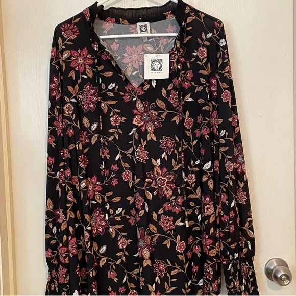 Anne Klein Women’s Blouse‎ Size 3X Black W/ Flowers Grannycore Boho chianti rose - Picture 1 of 9